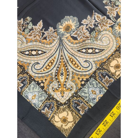 Paisley Floral Silk Scarf 27" Square Black Yellow Mint Accents Hand-Rolled - Picture 5 of 14